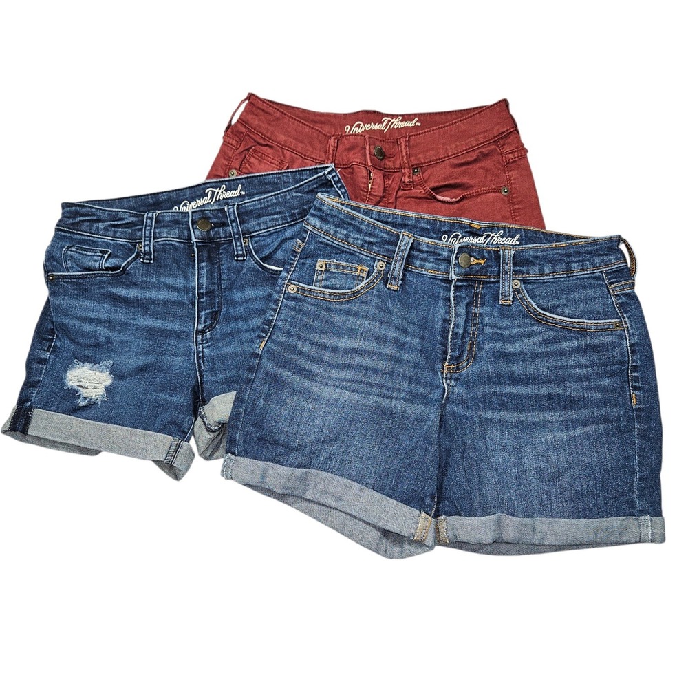 3 Universal Thread Mid Rise Cuffed Denim Shorts Bundle Blue Burgundy Sz 0/25